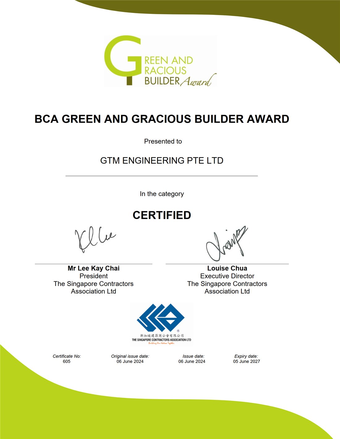 BCA Green and Gracious Builder Award presented to GTM Engineering Pte Ltd